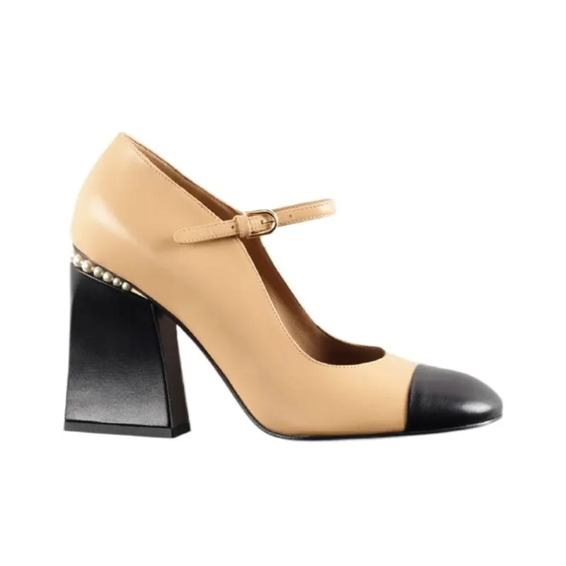 CHANEL Chunky Heel High Heels Women's Beige-1