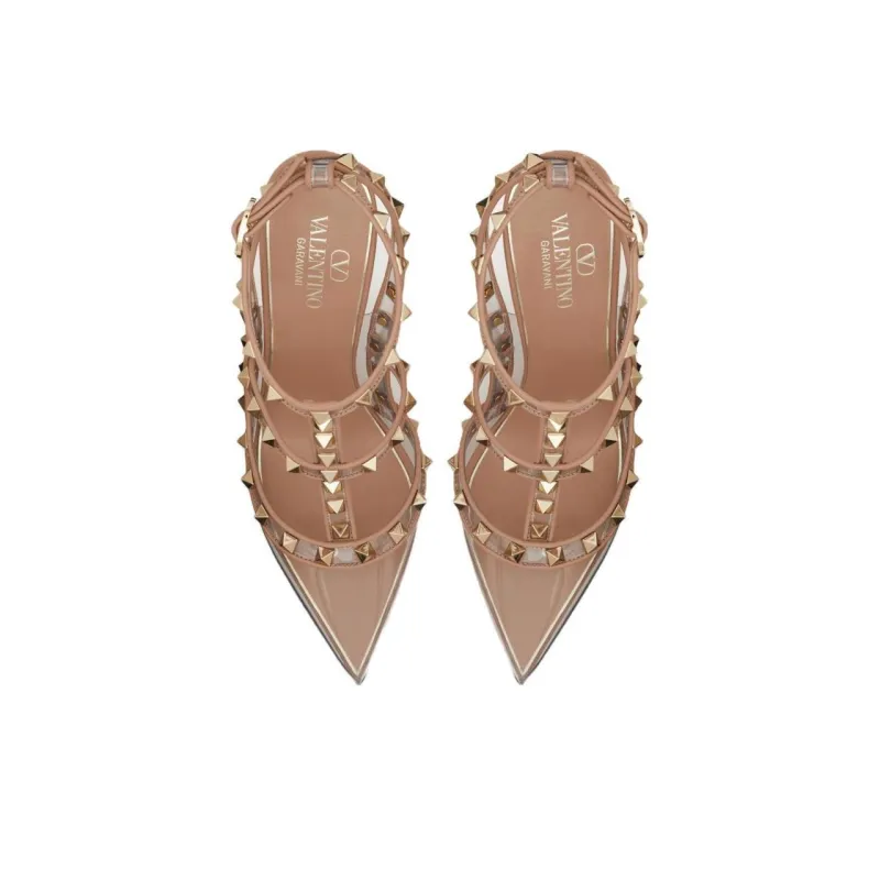 Valentino Rockstud Slim Heel High Heels 10cm Women's Transparent Pink-3
