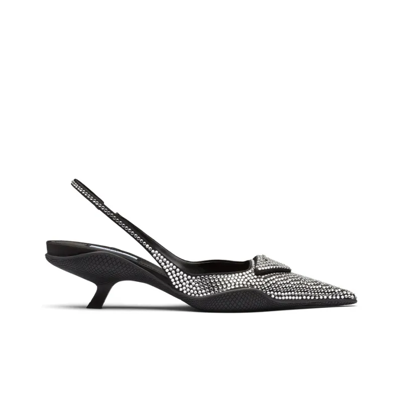 PRADA 30mm Crystal Sling Back Pumps Black Satin-1