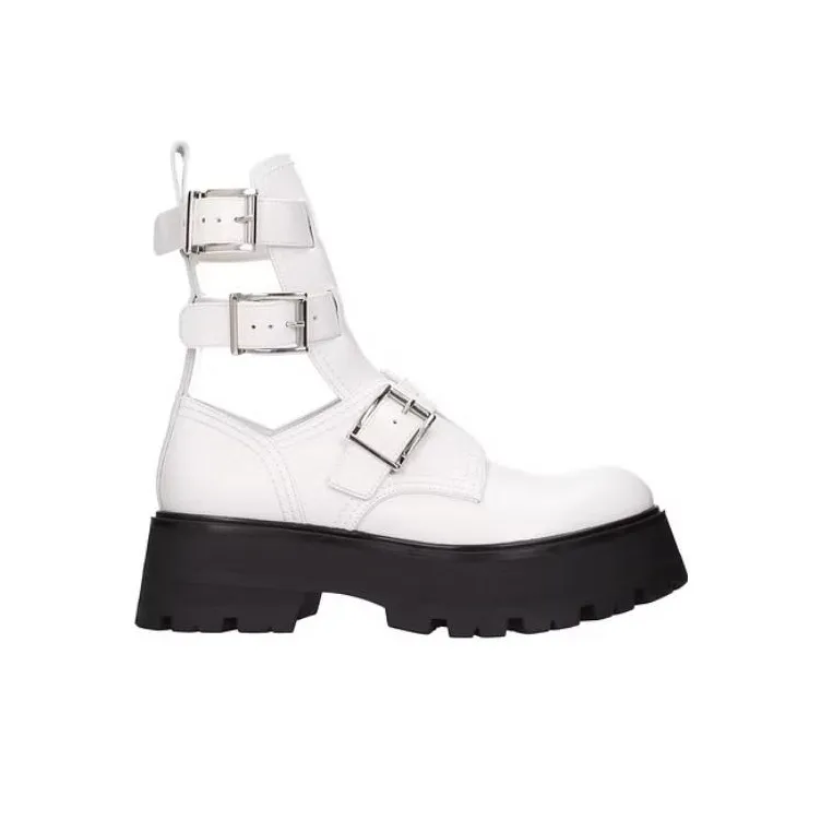 Alexander McQueen Buckle Fastening Ankle Boots White Black Women's-1