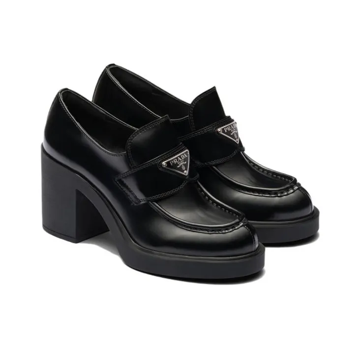 PRADA Chocolate High Heeled 85mm Loafers Black Brushed Leather Women's-2