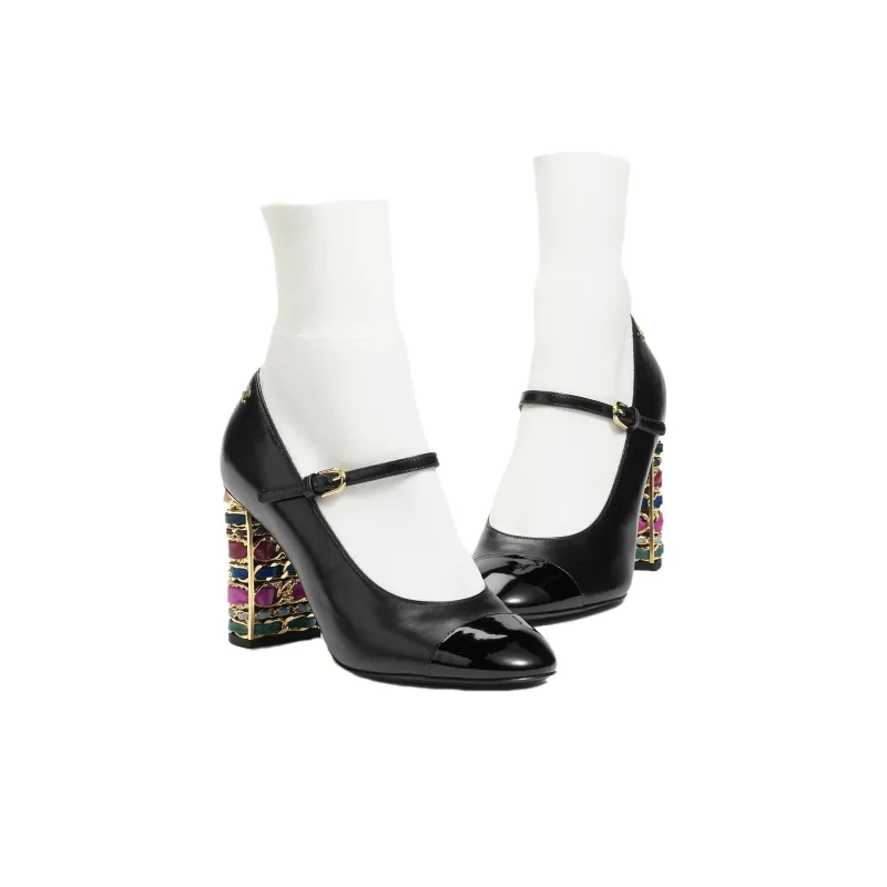 CHANEL Chunky Heel High Heels 9cm Women's Black White-2