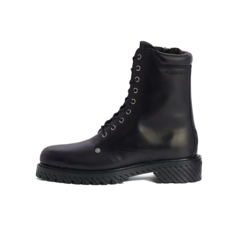 OFF WHITE Logo Debossed Round Toe Combat Boots-0