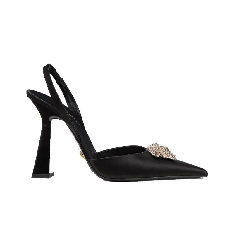 VERSACE Crystal La Medusa 110mm Slingback Pumps Black Satin-1