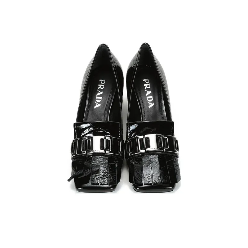 PRADA Logo Plaque Heeled Loafers 'Black' Women's-3