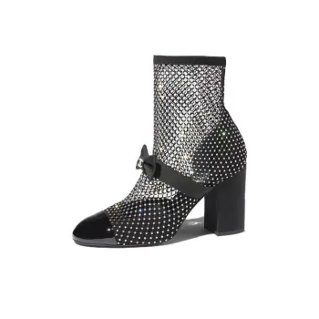 CHANEL Resille 90mm Mary Janes Black Crystal Patent Calfskin Women's