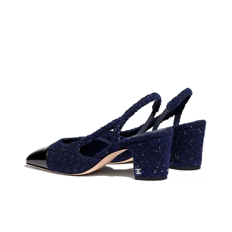 CHANEL Chunky Heel High Heels Women's Marine Blue-3