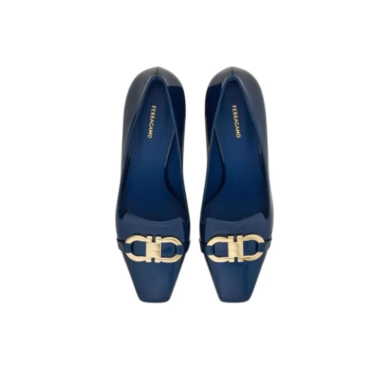 FERRAGAMO GANCINI Block Heel High Heels Women's Blue-3