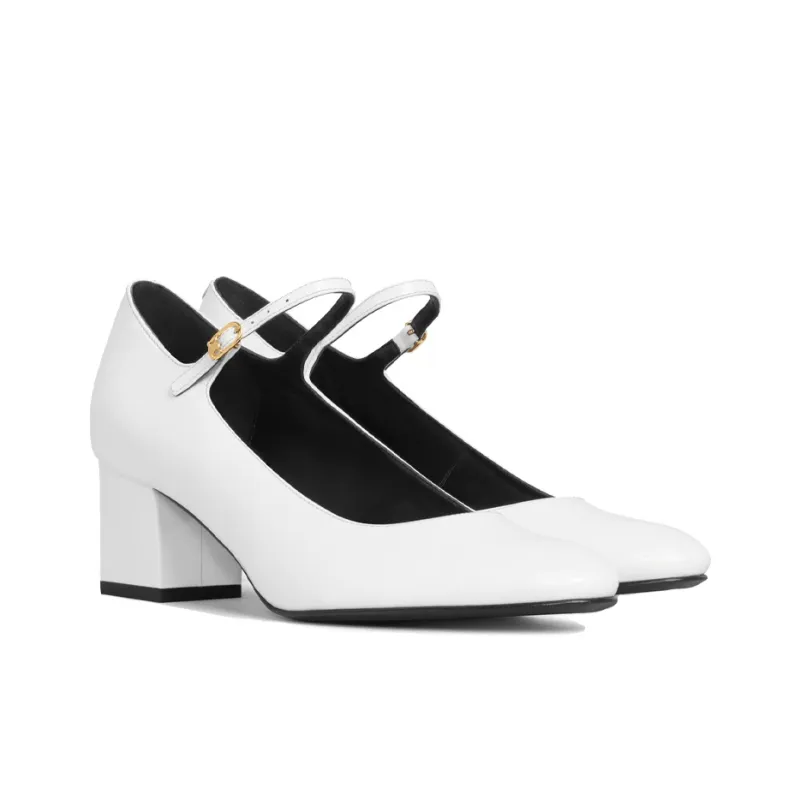 CELINE Babies Mary Jane Block Heel High Heels 5.5cm Women's White-2