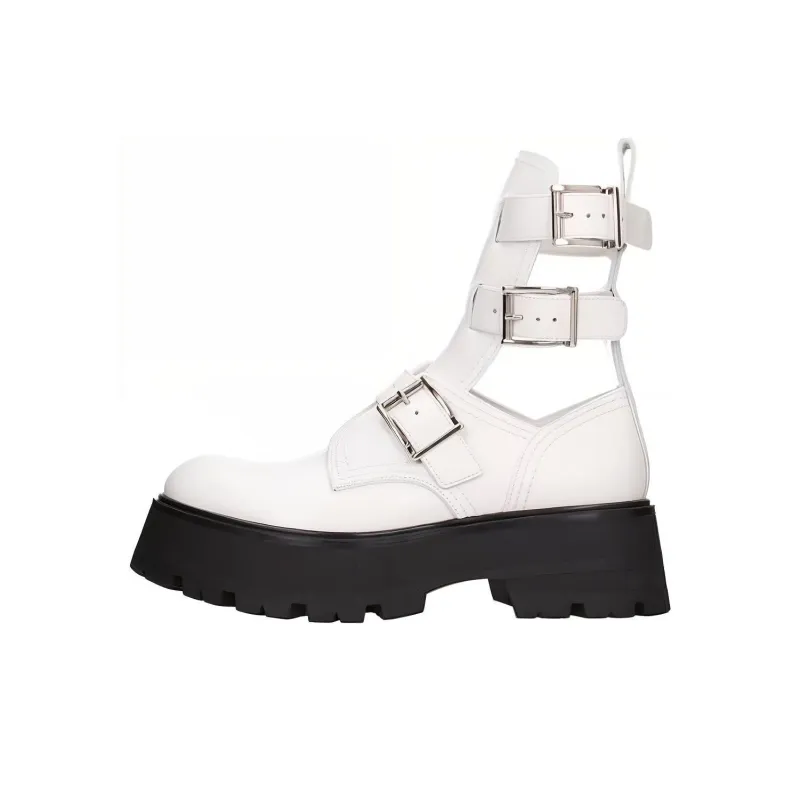 Alexander McQueen Buckle Fastening Ankle Boots White Black Women's-0