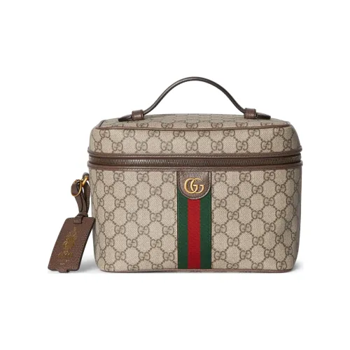 GUCCI Canvas Handbag Medium Size Women's Beige & Dark Brown