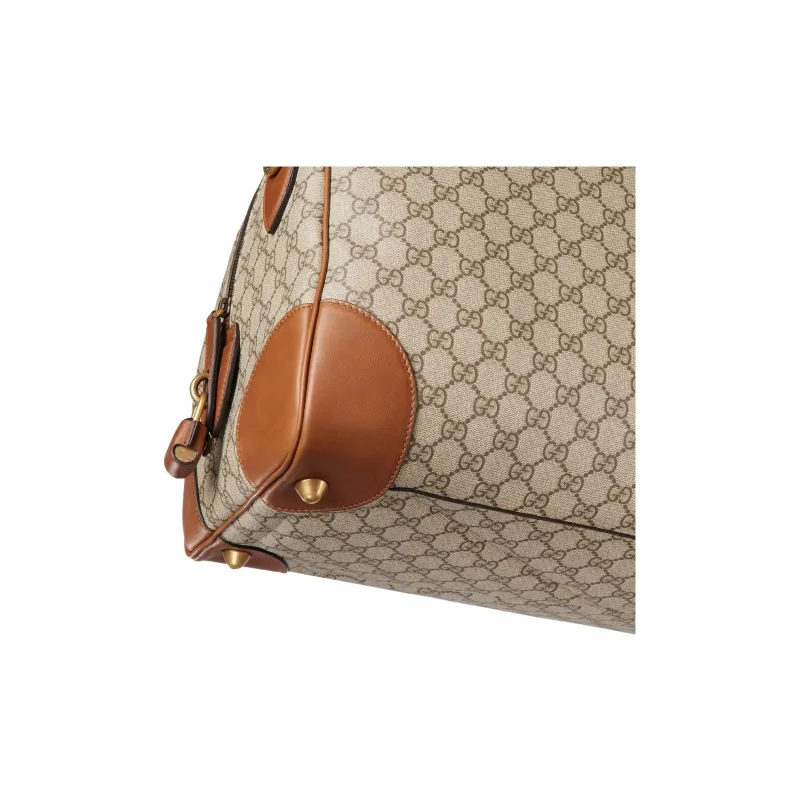 GUCCI GG Emblem Leather Travel Bag Medium Size Men's Beige & Dark Brown-5