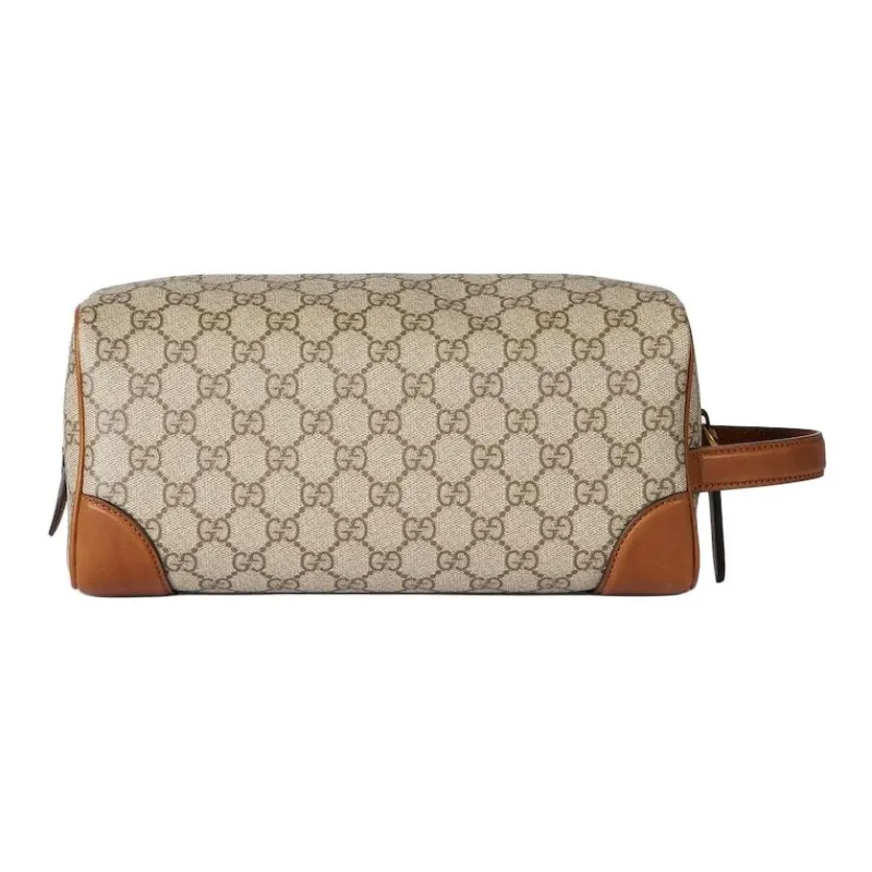 GUCCI GG Emblem Leather Toiletry Bag Medium Size Men's Beige & Dark Brown-3