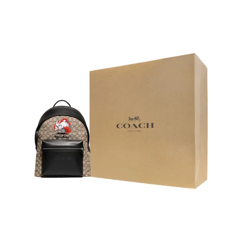 COACH Baymax Rabbit, Collaboration Charter Fabric With Cow Leather Backpack Men's Khaki & Black-4