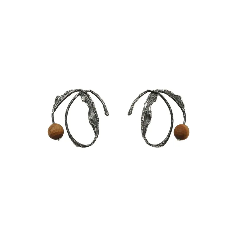 M.Wong 925 Sterling Silver Inlay Rose Quartz With Tiger's Eye Stud Hoop Earrings Women's-2