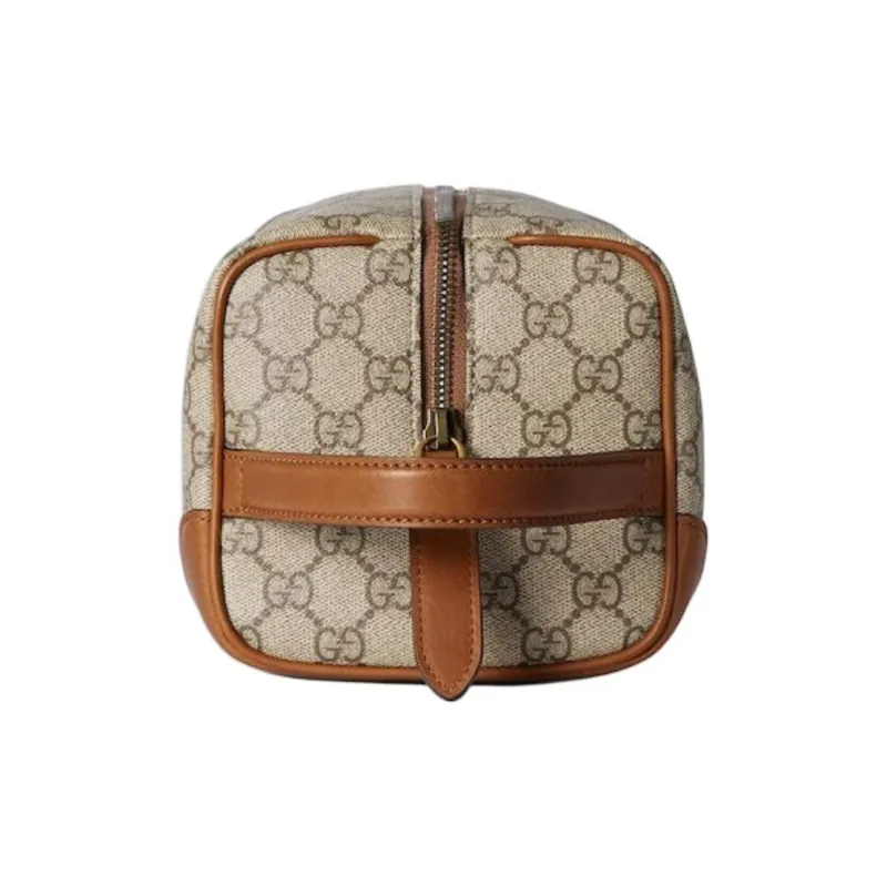 GUCCI GG Emblem Leather Toiletry Bag Medium Size Men's Beige & Dark Brown-2