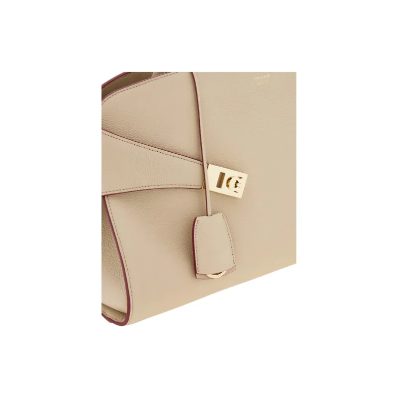 FERRAGAMO Hug Hammered Calfskin One Shoulder Handbag Large Size Women's Stone Color-5