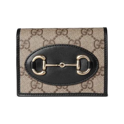 GUCCI Horsebit Fabric Card Holder Women's Beige & Dark Brown