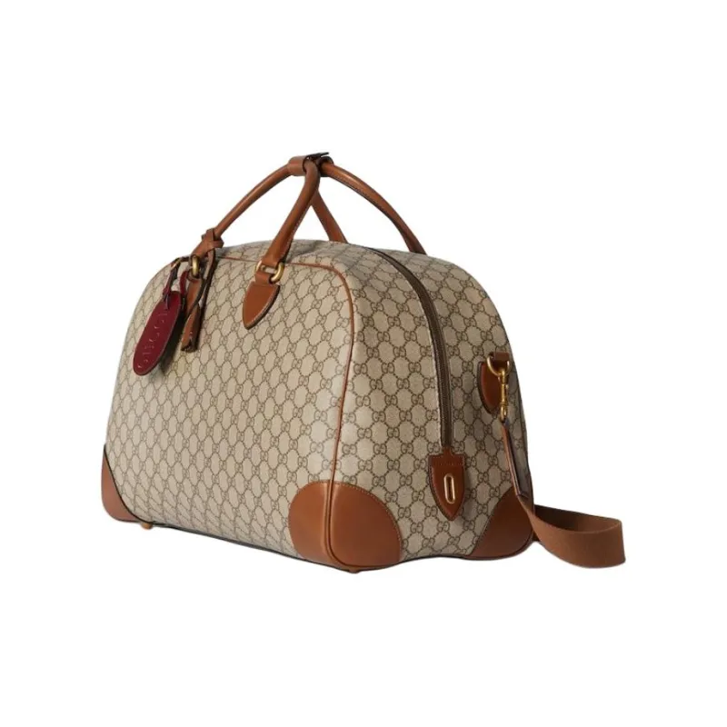 GUCCI GG Emblem Leather Travel Bag Medium Size Men's Beige & Dark Brown-1