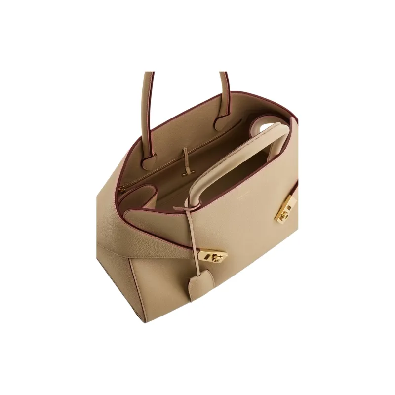 FERRAGAMO Hug Hammered Calfskin One Shoulder Handbag Large Size Women's Stone Color-4