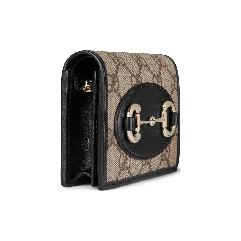 GUCCI Horsebit Fabric Card Holder Women's Beige & Dark Brown-1