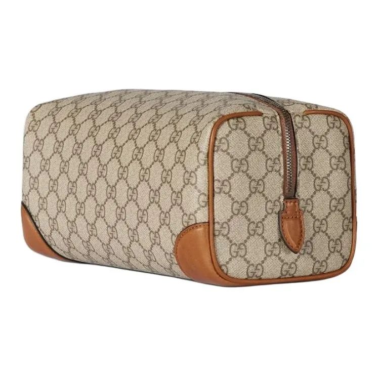 GUCCI GG Emblem Leather Toiletry Bag Medium Size Men's Beige & Dark Brown-1