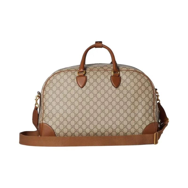 GUCCI GG Emblem Leather Travel Bag Medium Size Men's Beige & Dark Brown-3
