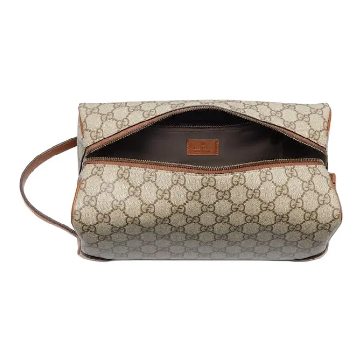 GUCCI GG Emblem Leather Toiletry Bag Medium Size Men's Beige & Dark Brown-4