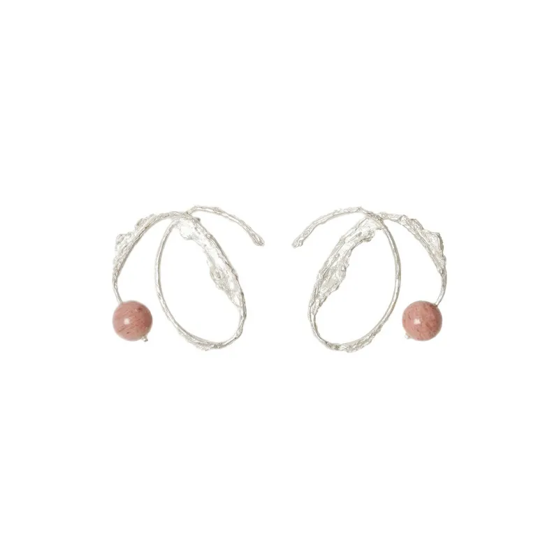 M.Wong 925 Sterling Silver Inlay Rose Quartz With Tiger's Eye Stud Hoop Earrings Women's-0