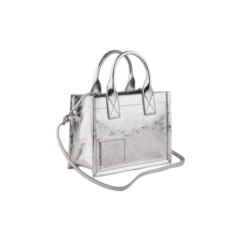 Sandro Leather Tote Bag Shopping Bag Shoulder Bag Crossbody Bag Handbag Women's Metallic Silver-2