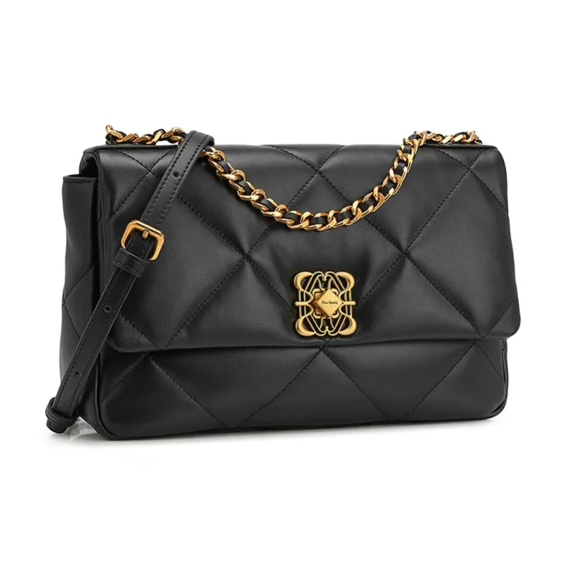 PIERRE CARDIN Cow Leather One Shoulder Crossbody Chain Bag Women's Black Ecru/Yellow Brown-3