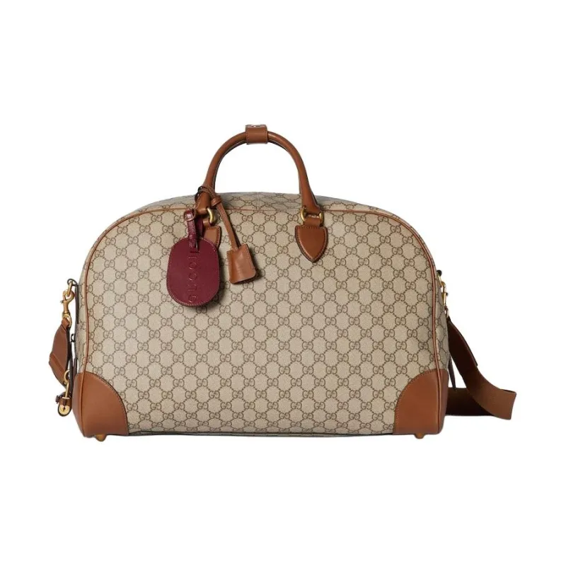 GUCCI GG Emblem Leather Travel Bag Medium Size Men's Beige & Dark Brown-0