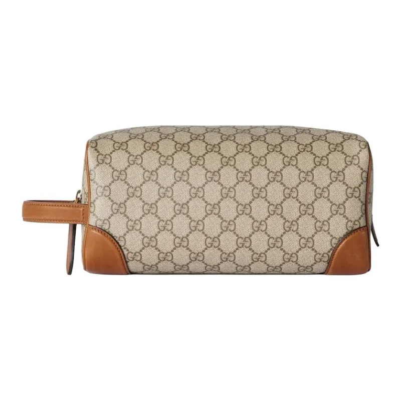 GUCCI GG Emblem Leather Toiletry Bag Medium Size Men's Beige & Dark Brown-0