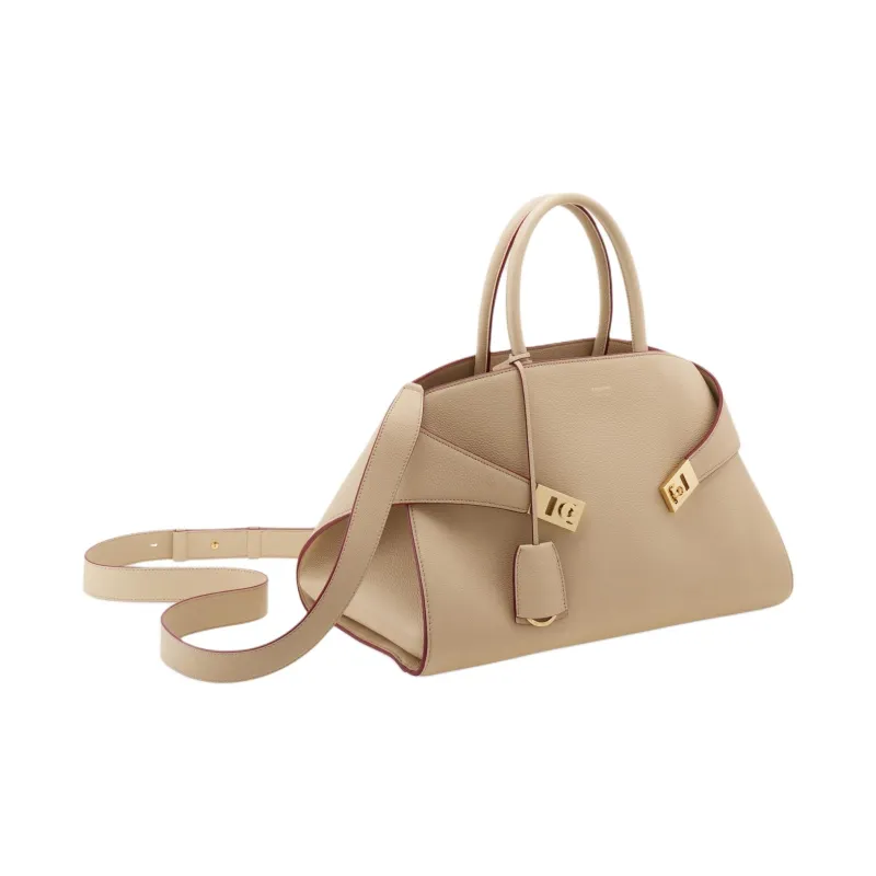 FERRAGAMO Hug Hammered Calfskin One Shoulder Handbag Large Size Women's Stone Color-3