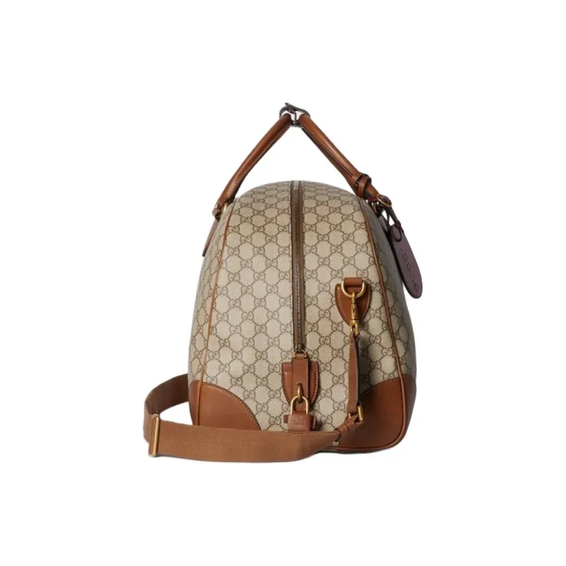 GUCCI GG Emblem Leather Travel Bag Medium Size Men's Beige & Dark Brown-2