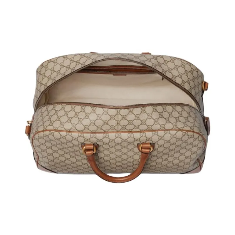 GUCCI GG Emblem Leather Travel Bag Medium Size Men's Beige & Dark Brown-4