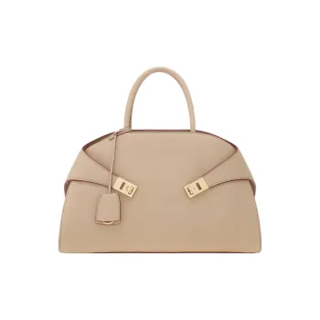 FERRAGAMO Hug Hammered Calfskin One Shoulder Handbag Large Size Women's Stone Color