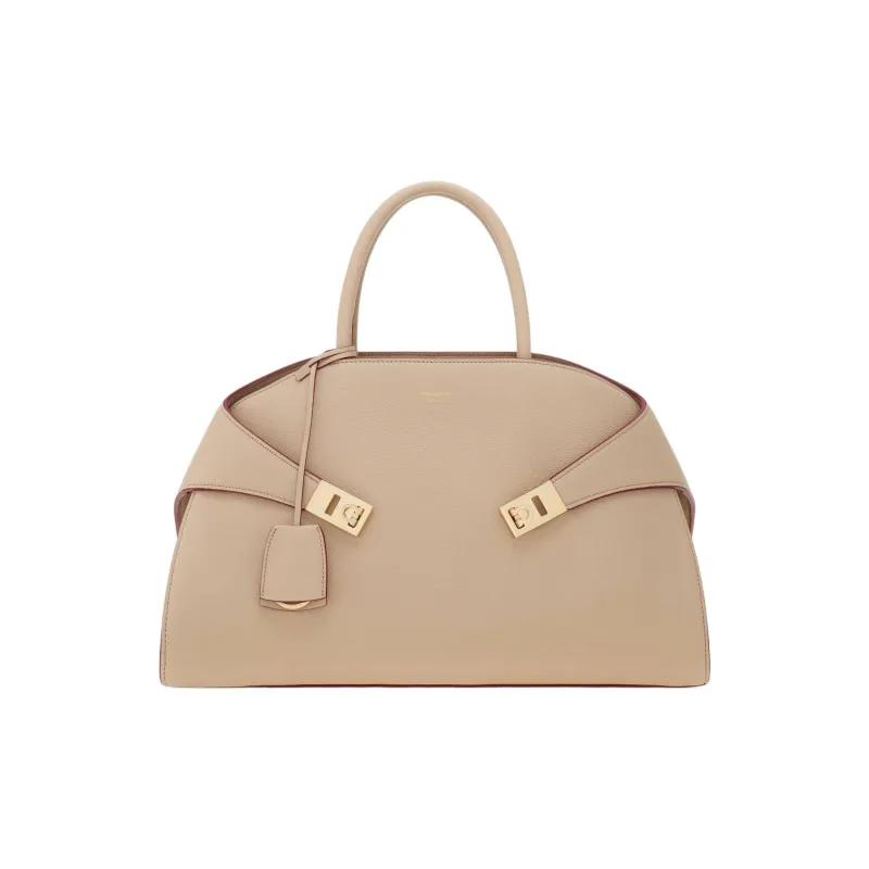 FERRAGAMO Hug Hammered Calfskin One Shoulder Handbag Large Size Women's Stone Color-0