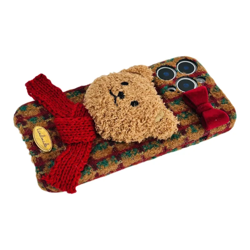 Wei Xin Plush Material Plaid 3D Effect Brown Bear Phone Cases Compatible With IPhone 16/15 Pro Max/Apple 13/14 Pro/Max-3