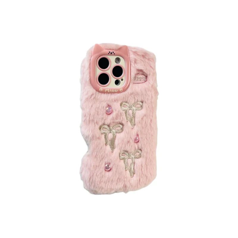 Wei Xin Plush Material Plush Pearl Bowknot Phone Cases Compatible With IPhone 16/15 Pro Max/Apple 13/14 Pro/Max-4