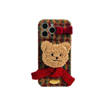 Wei Xin Plush Material Plaid 3D Effect Brown Bear Phone Cases Compatible With IPhone 16/15 Pro Max/Apple 13/14 Pro/Max