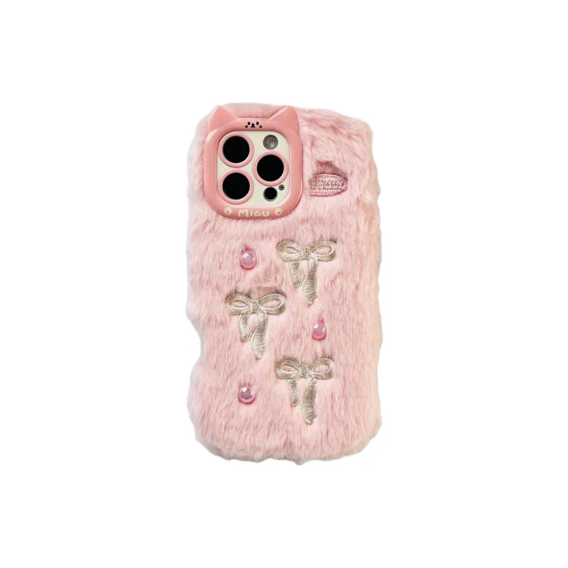 Wei Xin Plush Material Plush Pearl Bowknot Phone Cases Compatible With IPhone 16/15 Pro Max/Apple 13/14 Pro/Max-3