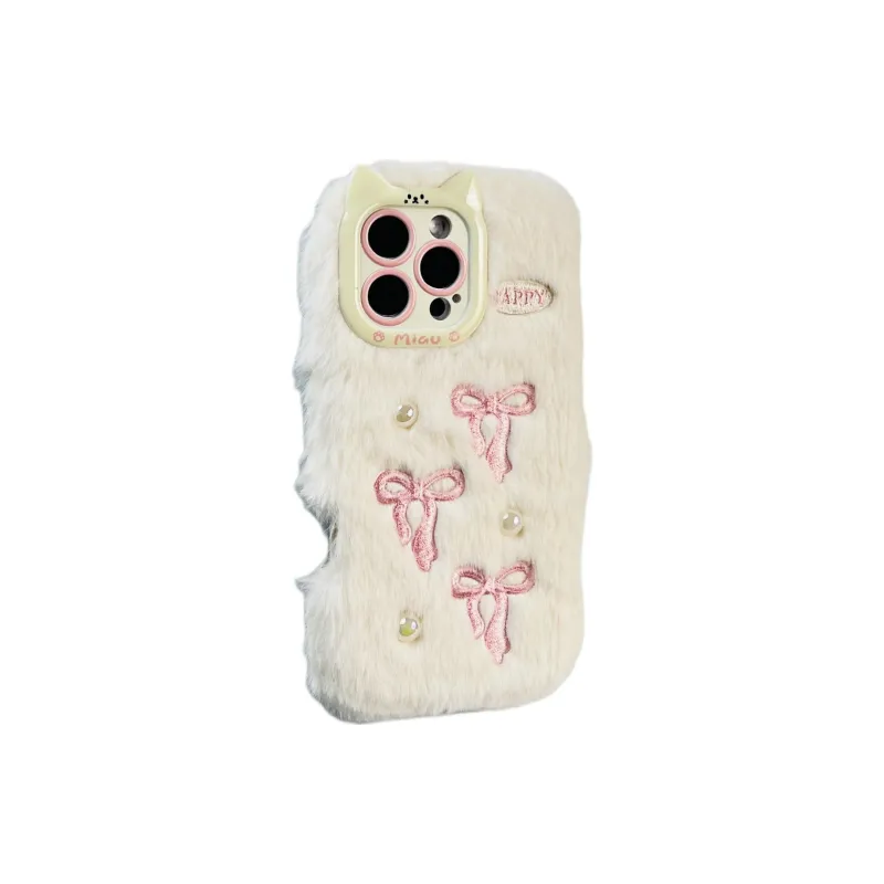 Wei Xin Plush Material Plush Pearl Bowknot Phone Cases Compatible With IPhone 16/15 Pro Max/Apple 13/14 Pro/Max-1