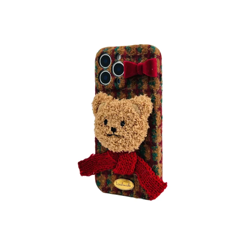 Wei Xin Plush Material Plaid 3D Effect Brown Bear Phone Cases Compatible With IPhone 16/15 Pro Max/Apple 13/14 Pro/Max-2