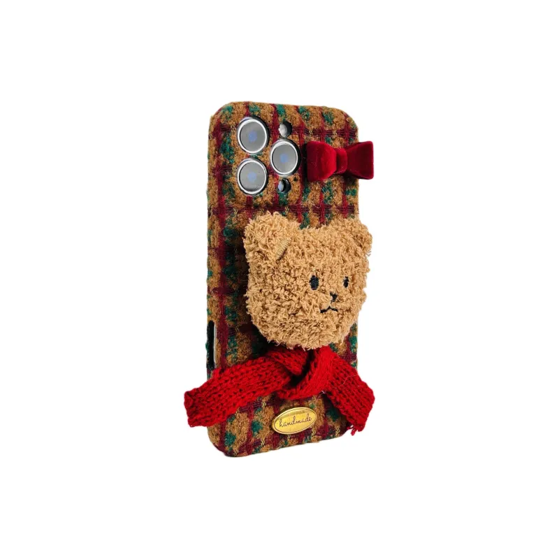 Wei Xin Plush Material Plaid 3D Effect Brown Bear Phone Cases Compatible With IPhone 16/15 Pro Max/Apple 13/14 Pro/Max-1