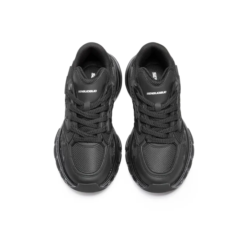 SENGUOGUO Anti Slip And Wear Resistant Height Increasing Low Top Chunky Sneakers Unisex Black-3