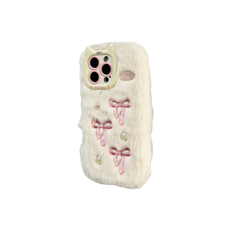 Wei Xin Plush Material Plush Pearl Bowknot Phone Cases Compatible With IPhone 16/15 Pro Max/Apple 13/14 Pro/Max-2