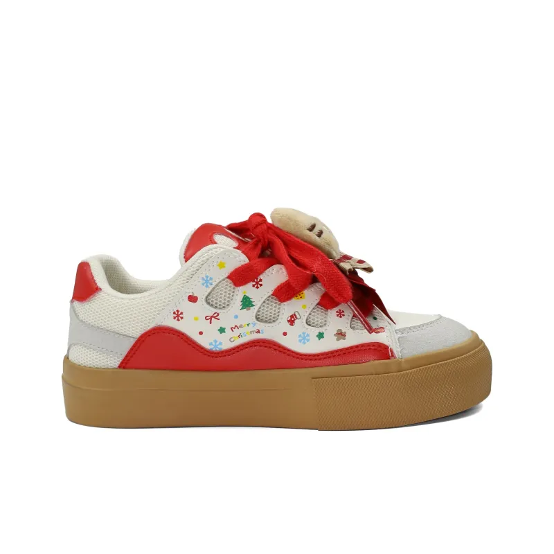 B10CROWN Anti Slip And Wear Resistant Breathable Low Top Skateboard Shoes Women's Christmas Red-1