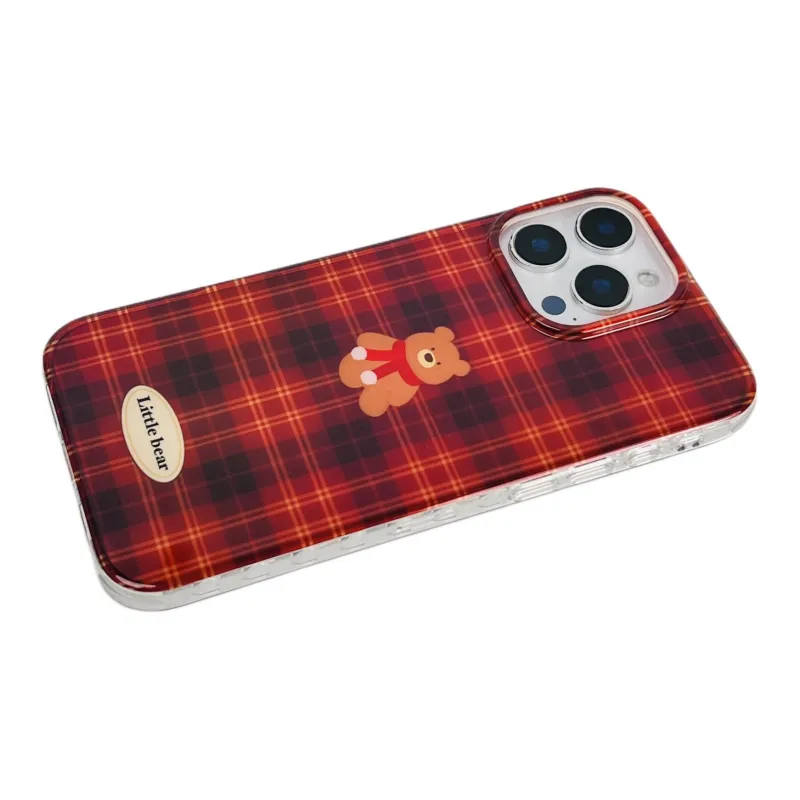 Wei Xin Acrylic Material Red Plaid Bear Phone Cases Compatible With IPhone 16/15 Pro Max/Apple 13/14 Pro/Max-3