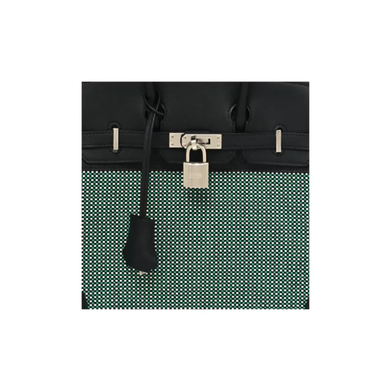 HERMES Birkin Canvas With Swift Leather Birkin Bag Handbags Women's Black/white/mint-3